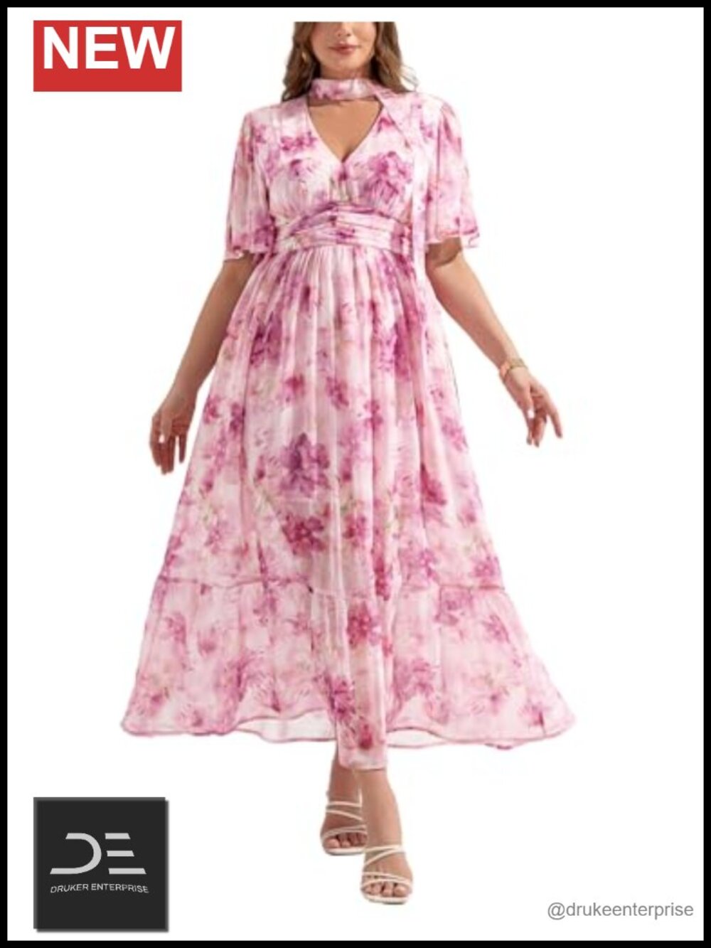 Plus Size Floral Chiffon Maxi Dress V Neck Smocked Wedding Guest